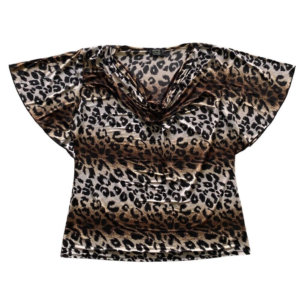 Shannon Ford NY Leopard Print Blouse Womens L Metallic Stretch Cowl Neck